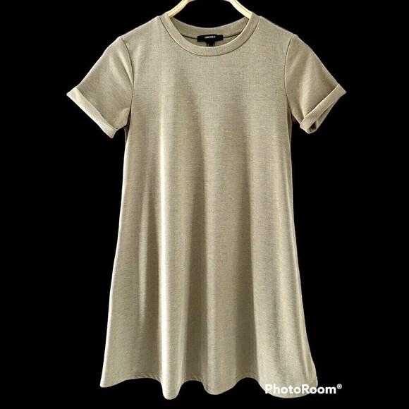 Forever 21 T-SHIRT MINI Dress Khaki Tan A-Line Short Sleeve SMALL - Picture 1 of 4